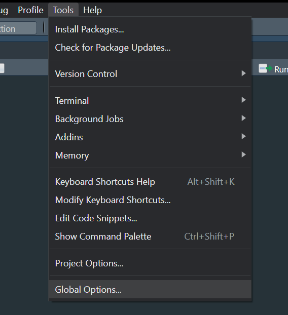 Tools menu in RStudio